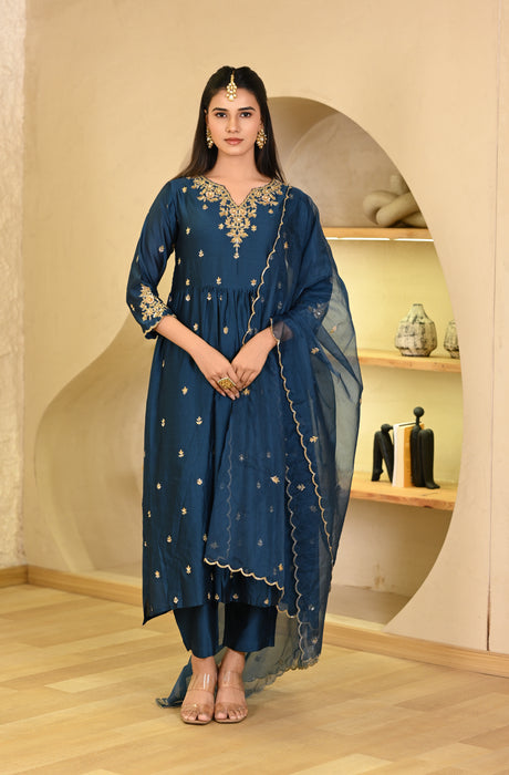 Teal Blue Hand Embroidered Kurta W/Pant & Dupatta Set