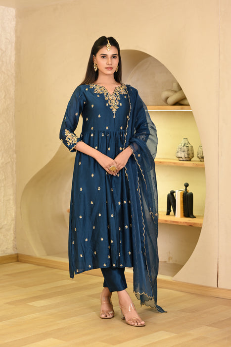 Teal Blue Hand Embroidered Kurta W/Pant & Dupatta Set