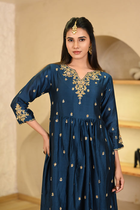 Teal Blue Hand Embroidered Kurta W/Pant & Dupatta Set