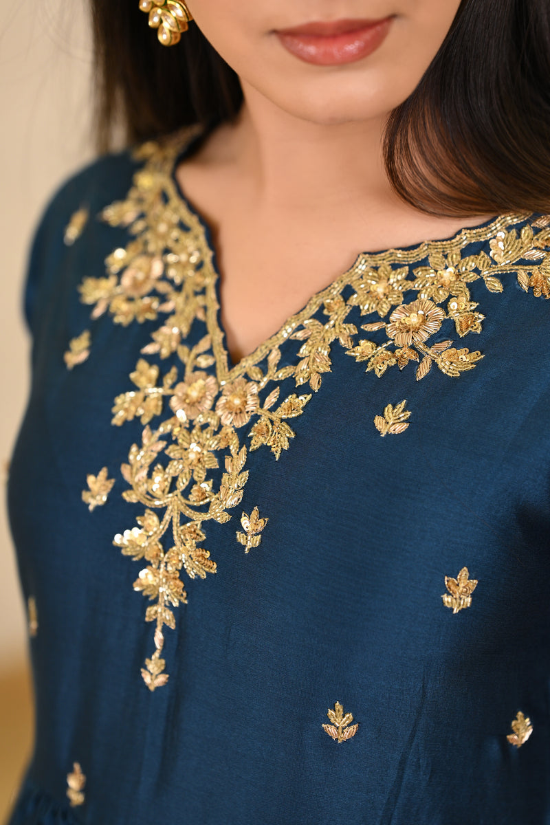 Teal Blue Hand Embroidered Kurta W/Pant & Dupatta Set