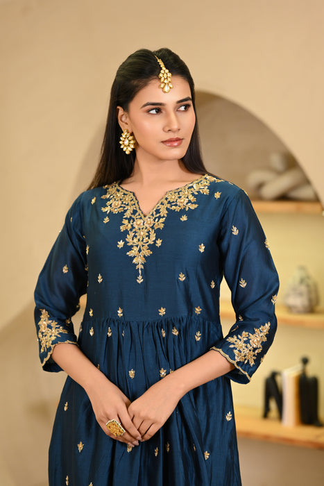 Teal Blue Hand Embroidered Kurta W/Pant & Dupatta Set