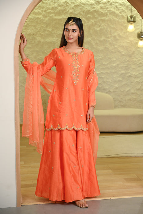 Orange Sharara Hand Embroidered Short Kurta W/Dupatta Set