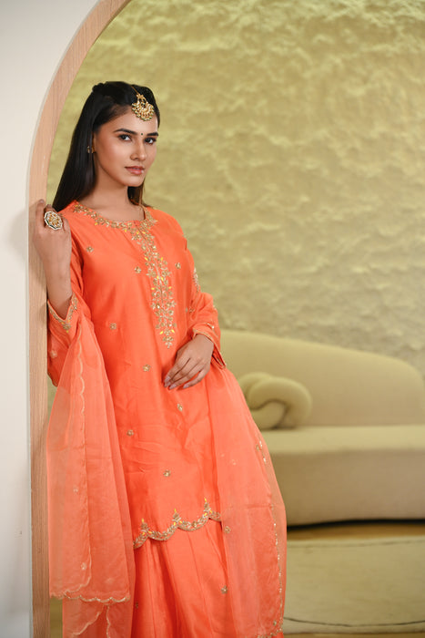 Orange Sharara Hand Embroidered Short Kurta W/Dupatta Set