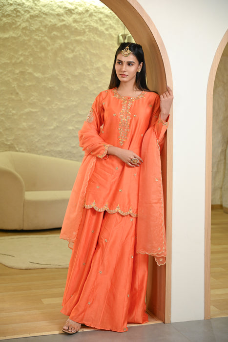 Orange Sharara Hand Embroidered Short Kurta W/Dupatta Set