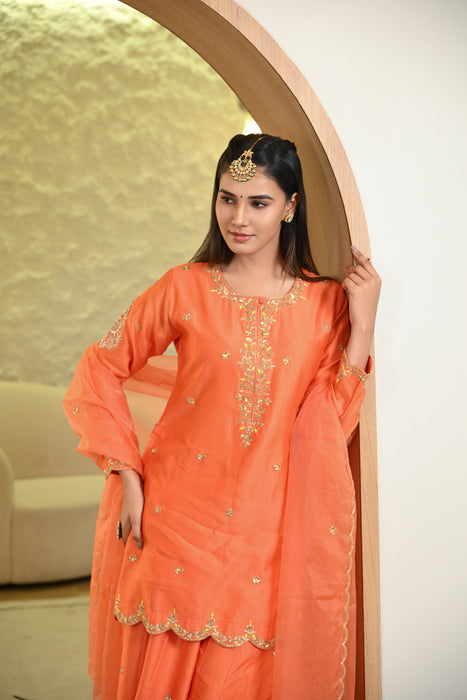 Orange Sharara Hand Embroidered Short Kurta W/Dupatta Set