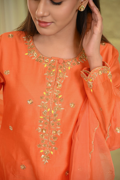 Orange Sharara Hand Embroidered Short Kurta W/Dupatta Set