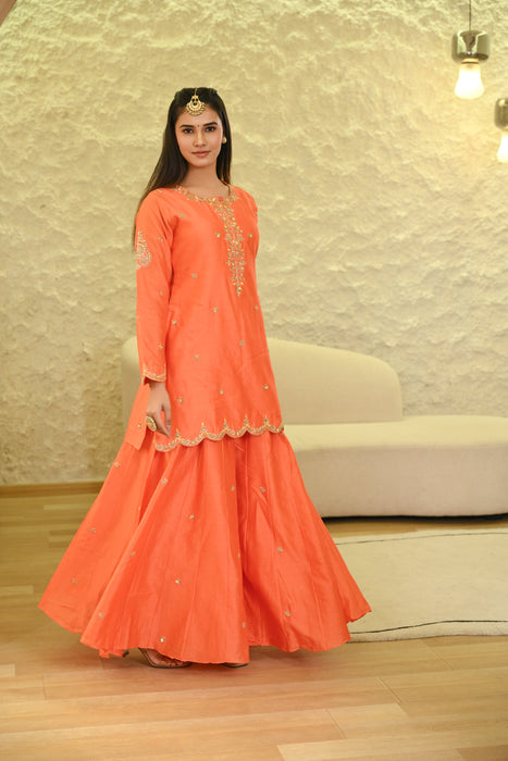 Orange Sharara Hand Embroidered Short Kurta W/Dupatta Set