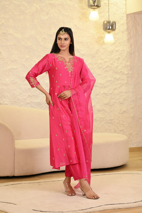 Hot Pink Kurta W/Pant & Dupatta Set