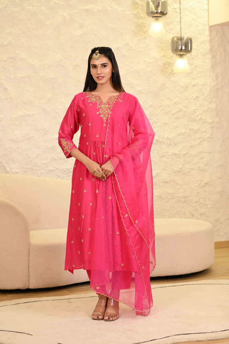 Hot Pink Kurta W/Pant & Dupatta Set