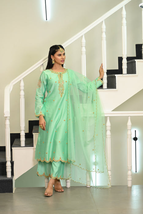 Aqua Blue Hand Embroidered Straight Kurta W/Pant & Dupatta Set.