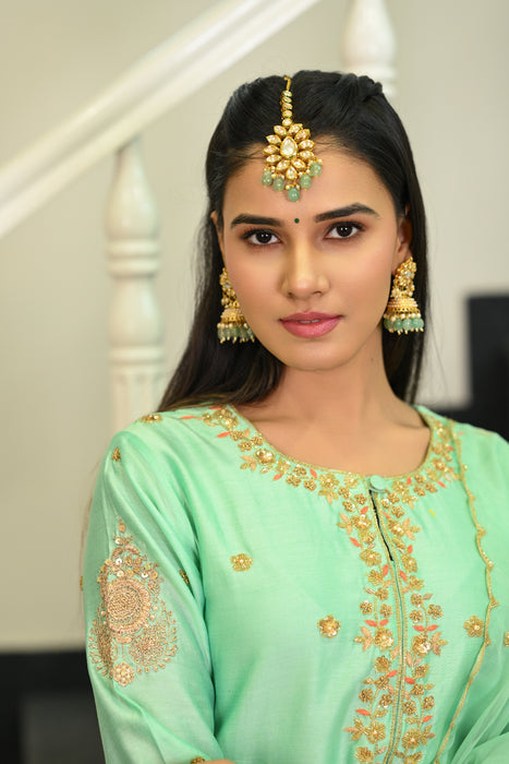 Aqua Blue Hand Embroidered Straight Kurta W/Pant & Dupatta Set.