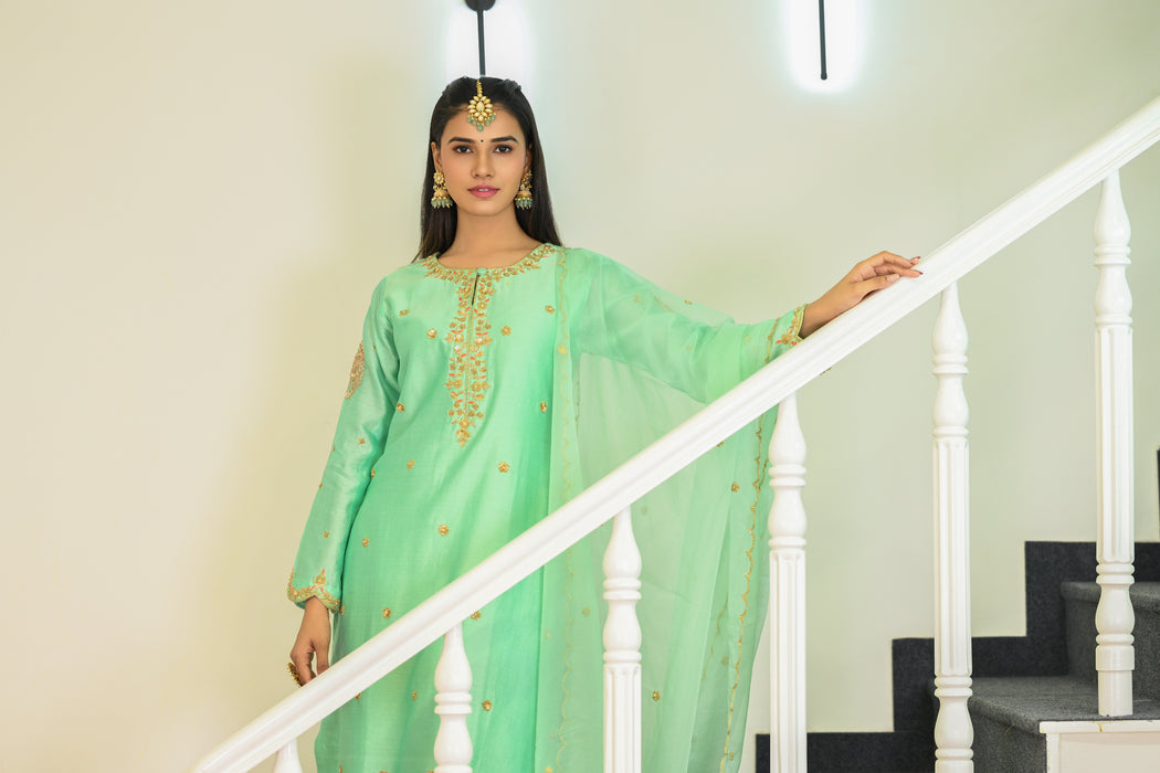 Aqua Blue Hand Embroidered Straight Kurta W/Pant & Dupatta Set.