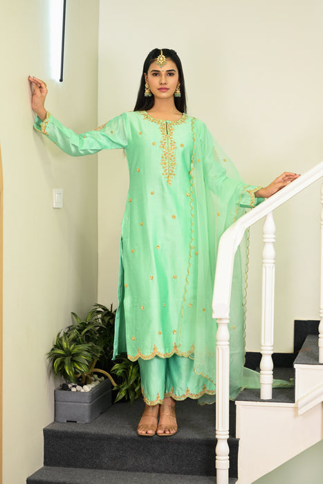 Aqua Blue Hand Embroidered Straight Kurta W/Pant & Dupatta Set.