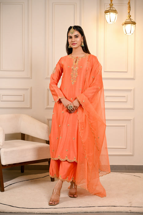 Orange Hand Embroidered A-Line Kurta W/Pant & Dupatta Set