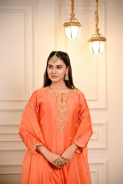 Orange Hand Embroidered A-Line Kurta W/Pant & Dupatta Set