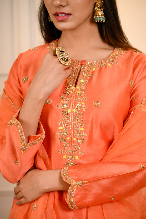 Orange Hand Embroidered A-Line Kurta W/Pant & Dupatta Set