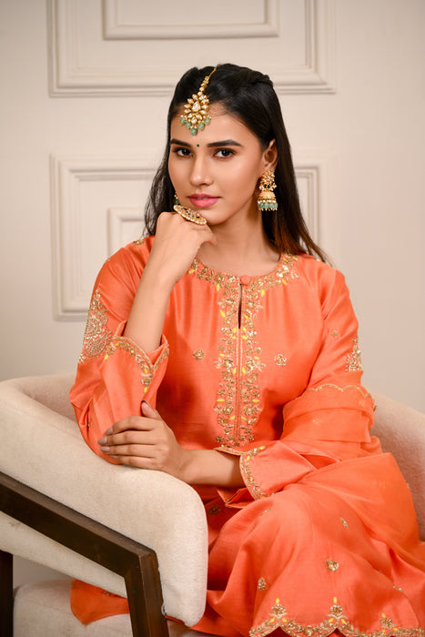 Orange Hand Embroidered A-Line Kurta W/Pant & Dupatta Set
