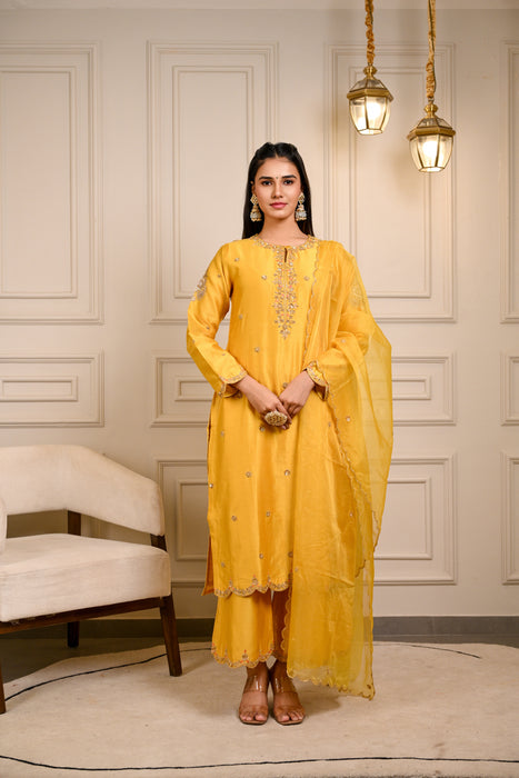 Yellow Hand Embroidered Straight Kurta W/Pant & Dupatta Set
