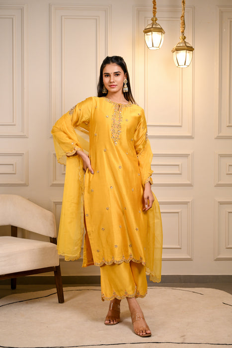 Yellow Hand Embroidered Straight Kurta W/Pant & Dupatta Set