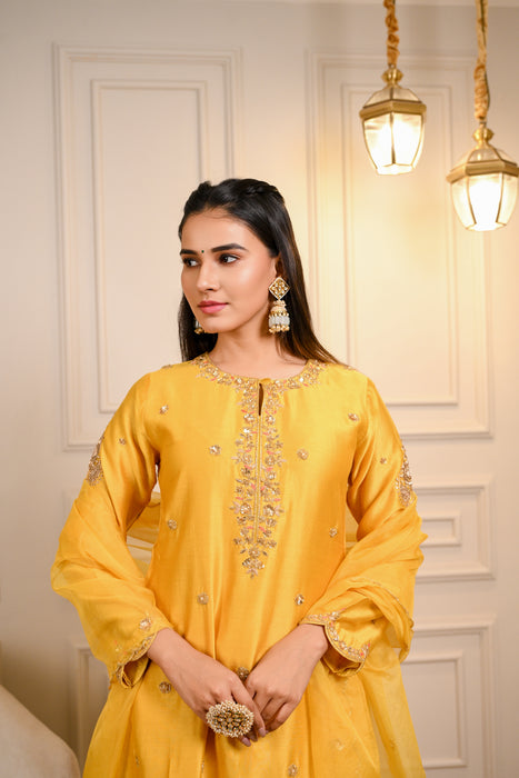 Yellow Hand Embroidered Straight Kurta W/Pant & Dupatta Set