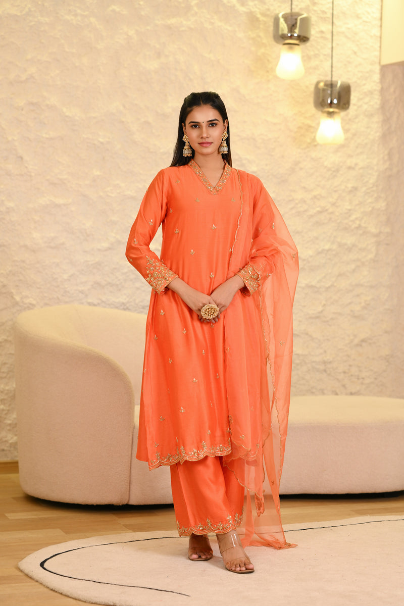 Orange Straight Kurta W/Pant & Dupatta Set