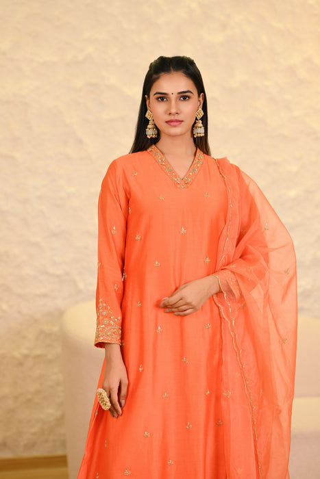 Orange Straight Kurta W/Pant & Dupatta Set
