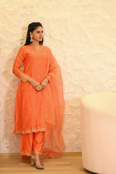 Orange Straight Kurta W/Pant & Dupatta Set