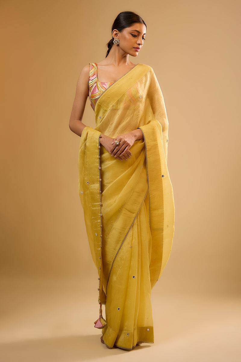 Nazakat Yellow Organza Saree Set