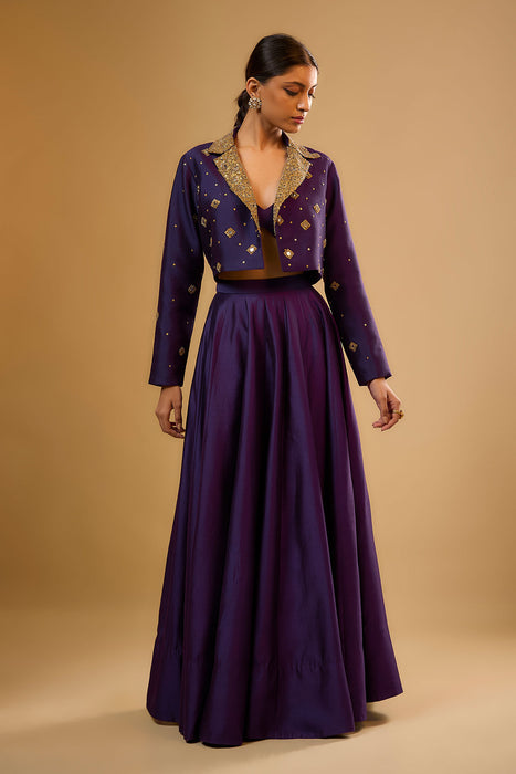 Nazakat Purple Mirror Butti Jacket Style Lehenga Set