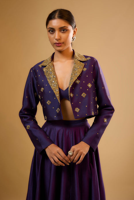 Nazakat Purple Mirror Butti Jacket Style Lehenga Set