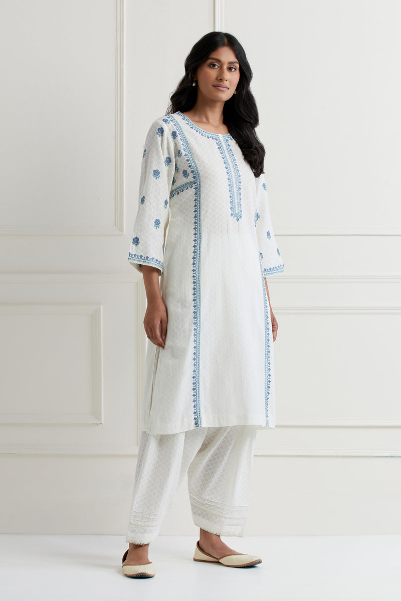 Off White Embroidered Aline Kurta & Pant Salwar Set