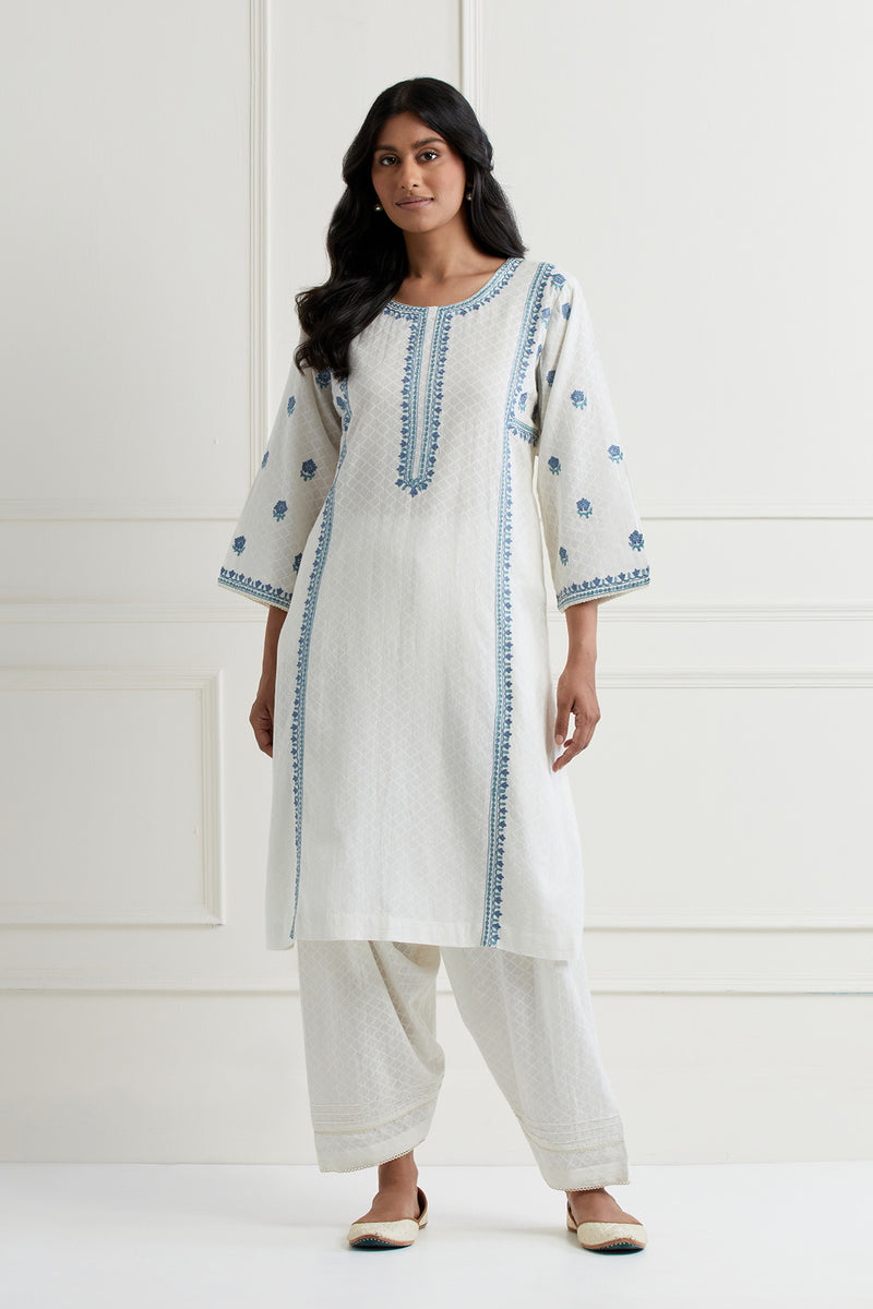 Off White Embroidered Aline Kurta & Pant Salwar Set