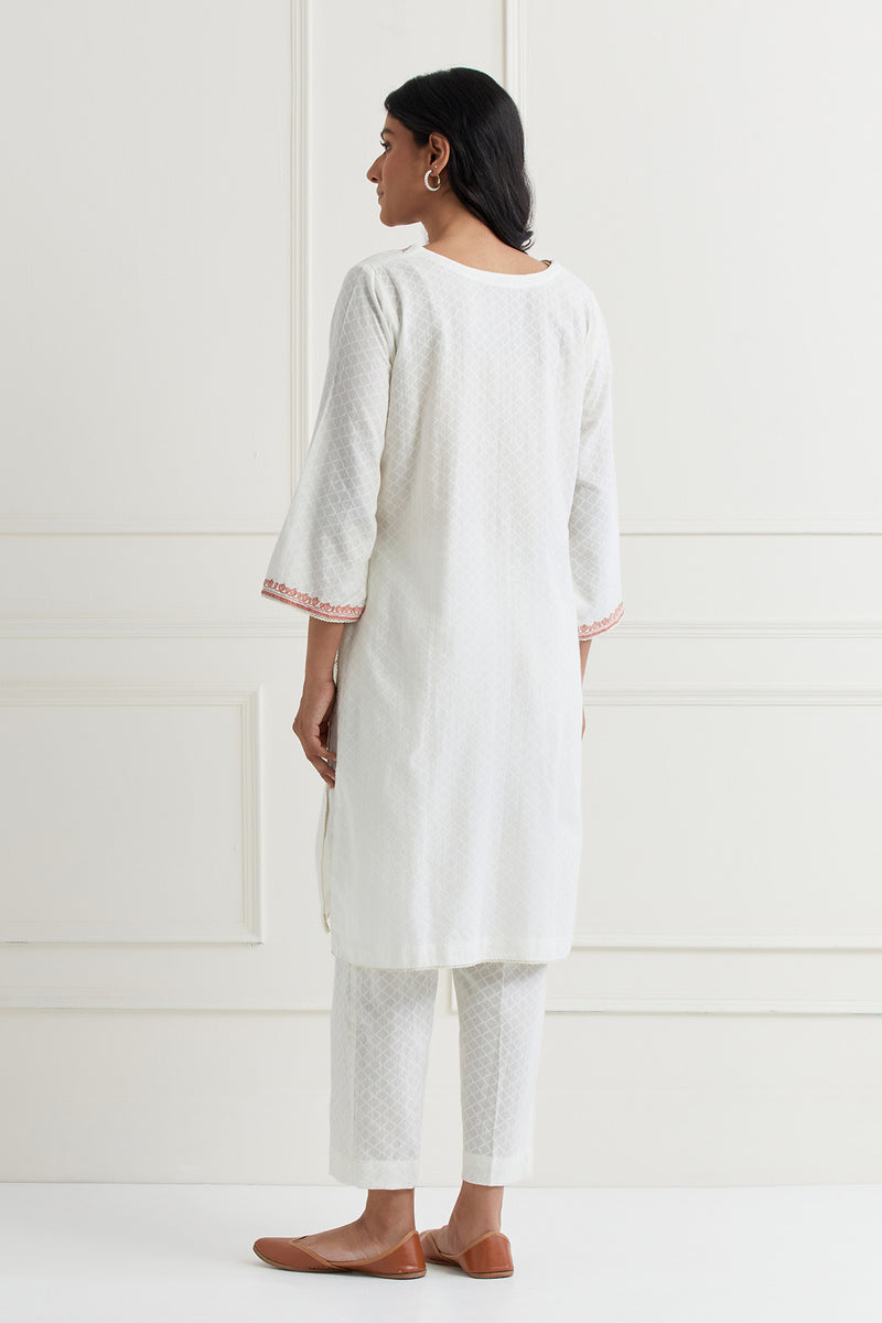 Off White Thread Embroidered Cotton Kurta & Pant Salwar Set