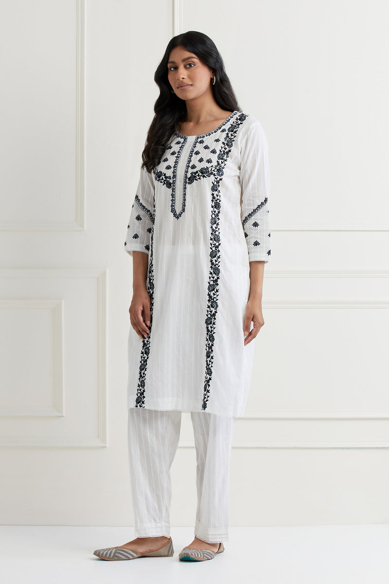 White Embroidered Kurta & Pant  Set
