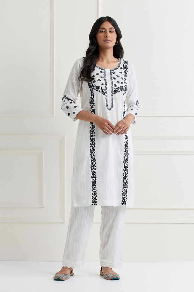 White Embroidered Kurta & Pant  Set