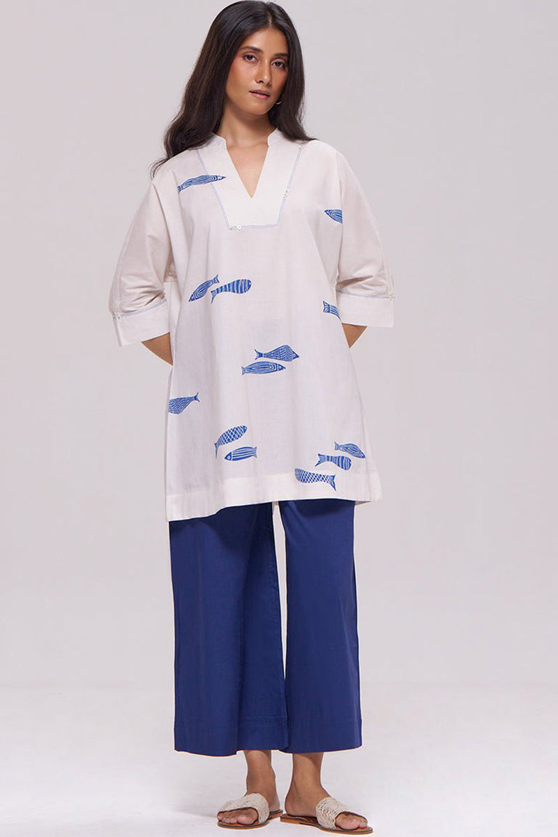 Off-White and Blue Cotton Kurta