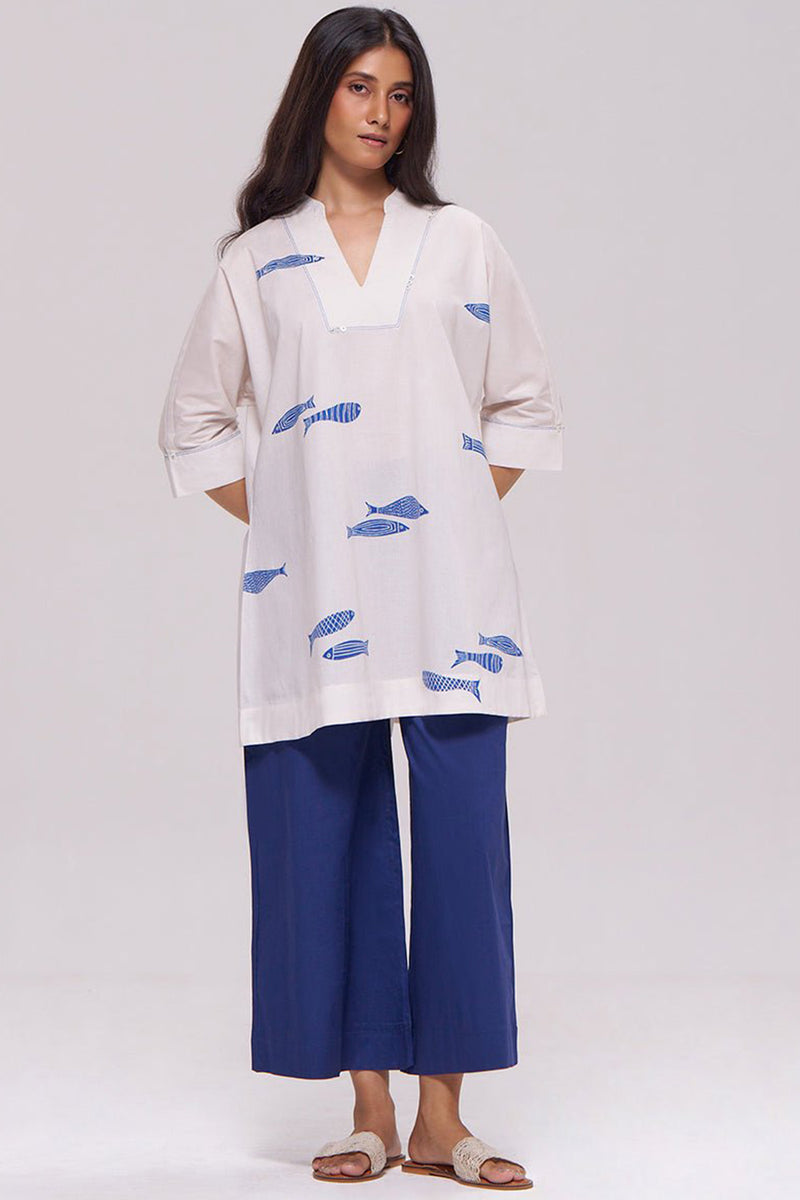Off-White and Blue Cotton Co-ord Set