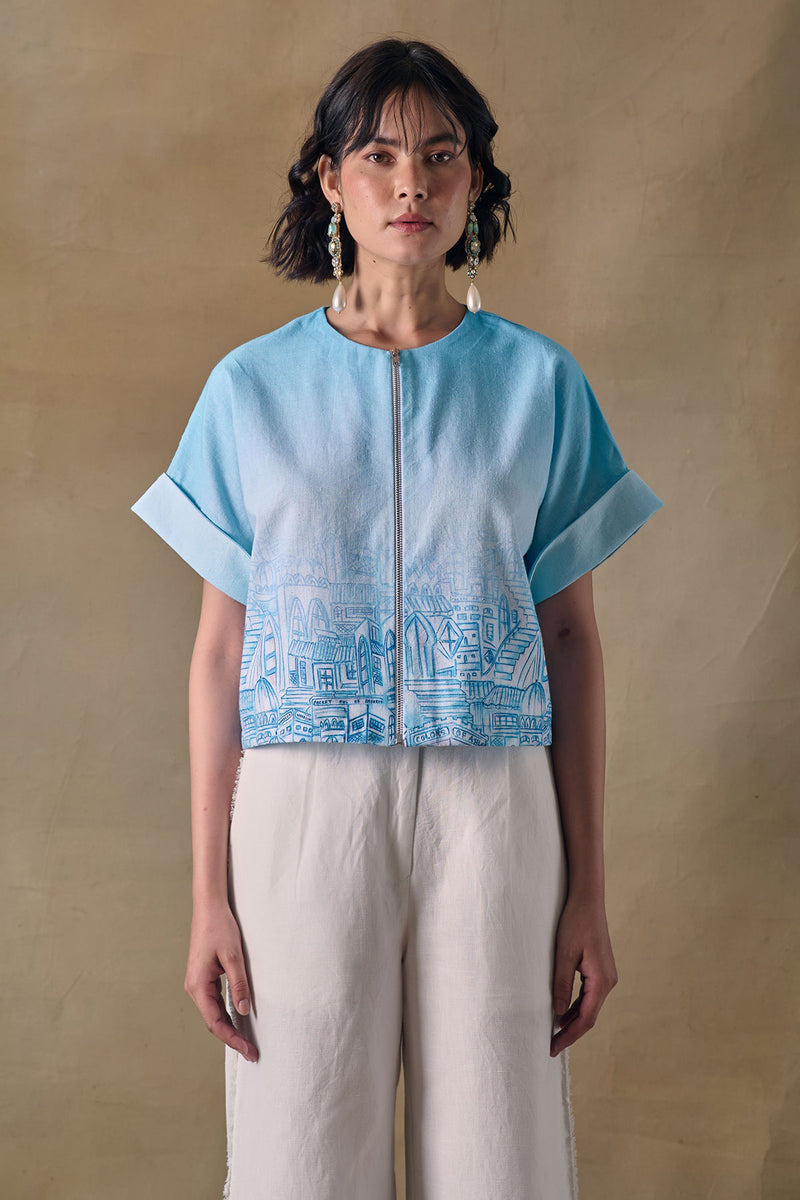 Blue Landscape Kimono Top