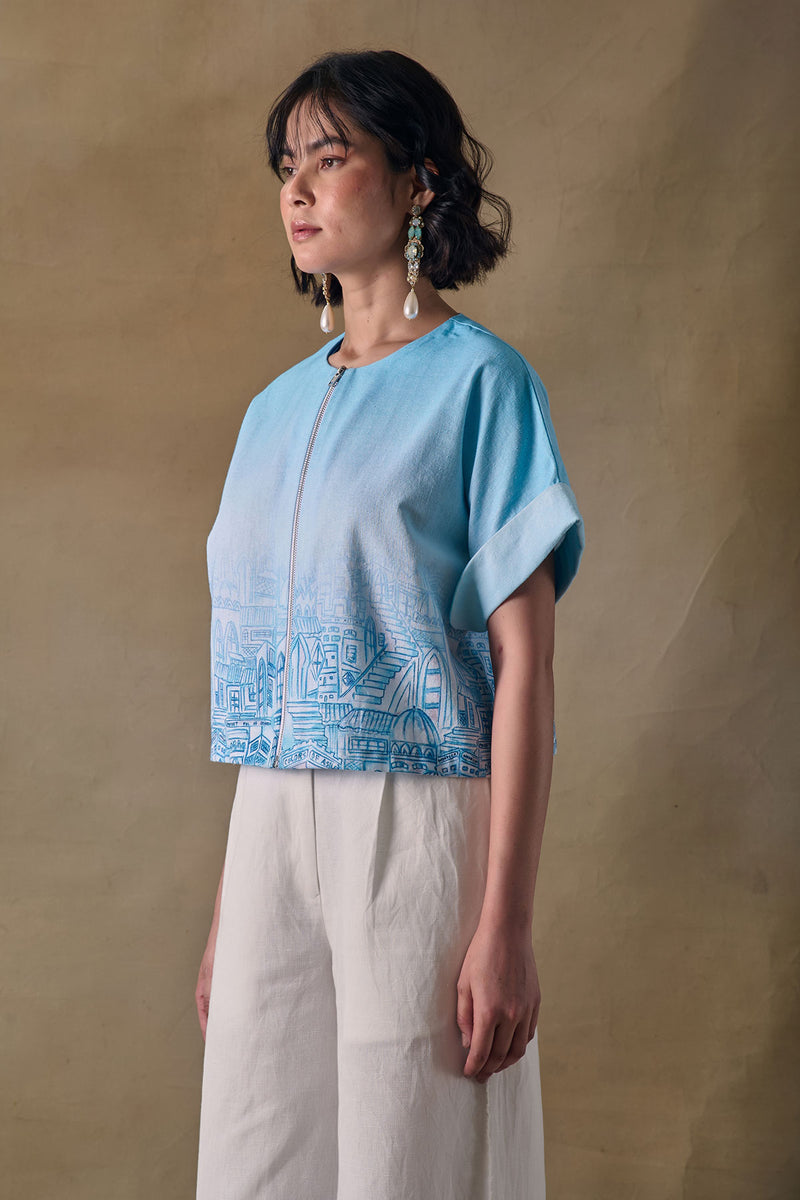 Blue Landscape Kimono Top