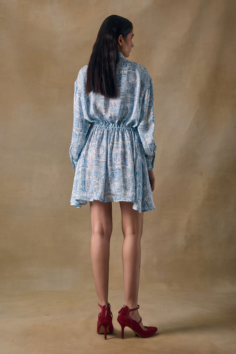 Blue Landscape Gathered Dress
