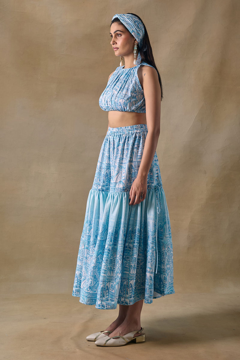 Blue Landscape Tiered Skirt