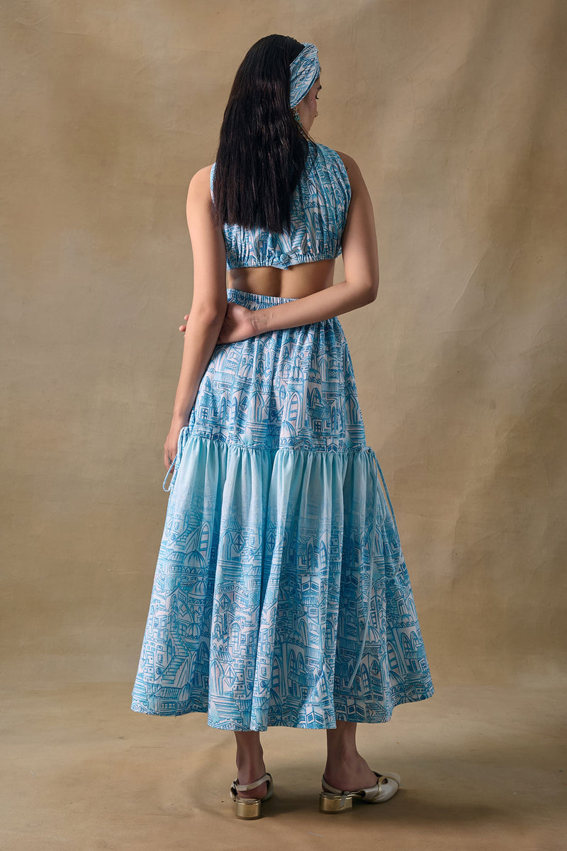 Blue Landscape gathered blouse