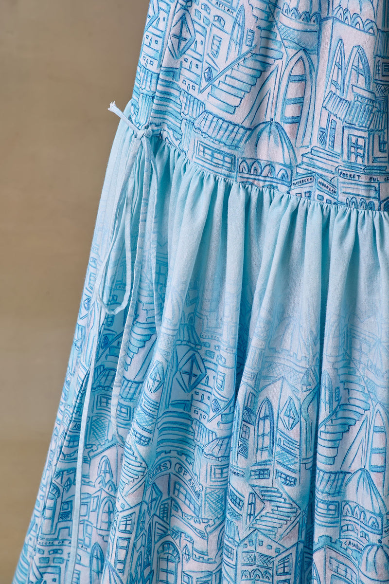 Blue Landscape gathered blouse
