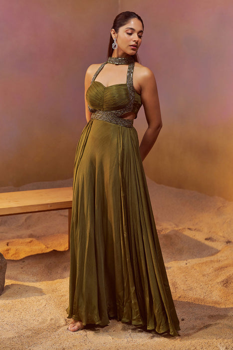 Dusty Olive Green Halterneck Indowester Gown With Hand Embroidery