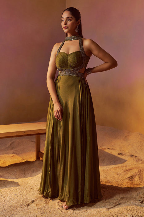 Dusty Olive Green Halterneck Indowester Gown With Hand Embroidery