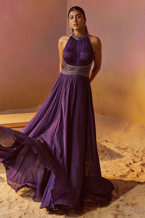 Dark Indigo Indowestern Gown With Hand Embroidery