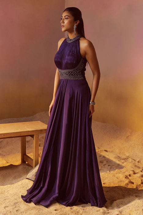 Dark Indigo Indowestern Gown With Hand Embroidery