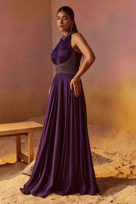 Dark Indigo Indowestern Gown With Hand Embroidery