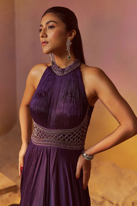 Dark Indigo Indowestern Gown With Hand Embroidery