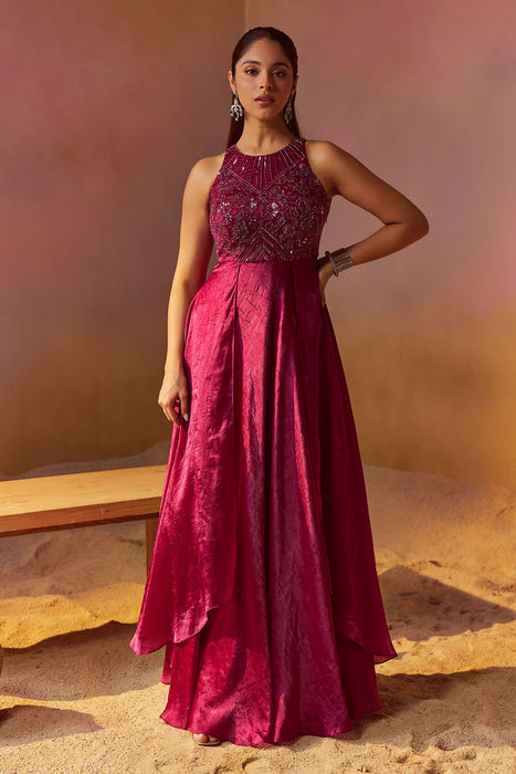 Burgundy Indowestern Gown With Hand Embroidery